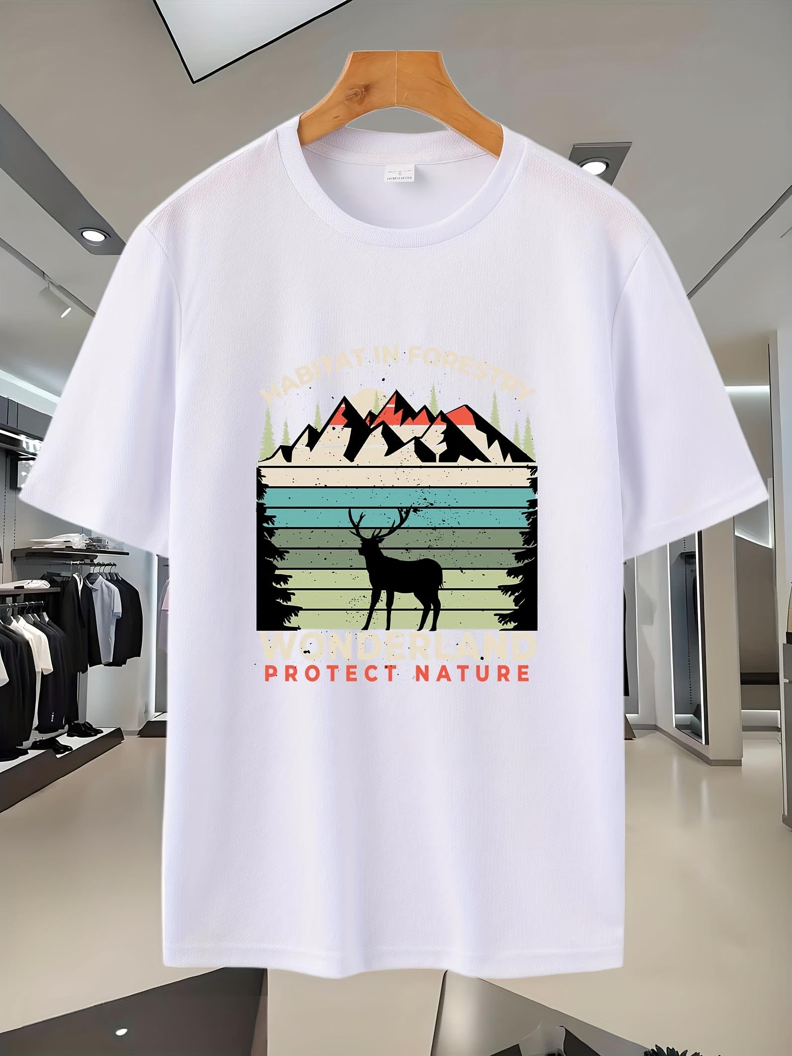 

4G Sporty Graphic T-shirt - White Breathable Mesh Short Sleeve Tee with Mountain Forest Deer Print & PROTECT NATURE Slogan S