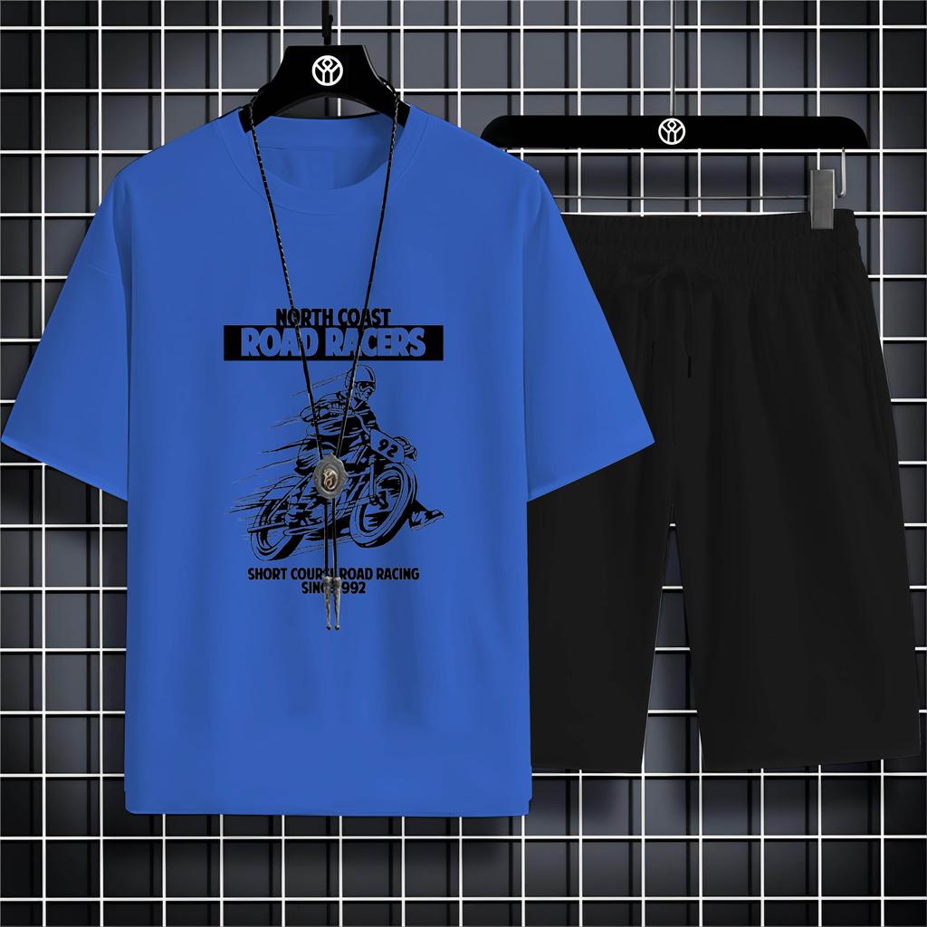 Summer Round Neck Men'S Outdoor Casual 2d Motorcycle Print Loose Comfortable Breathable Short Sleeve T-Shirt Beach Set T-Shirt