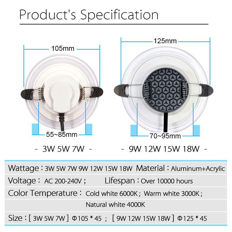 LED Downlight 15W 12W 9W 7W Işık Kılavuzu Tavan Gömme Lambalar 5W 3W Yuvarlak Şekil Akrilik Panel İç Mekan Yüksek Parlaklık