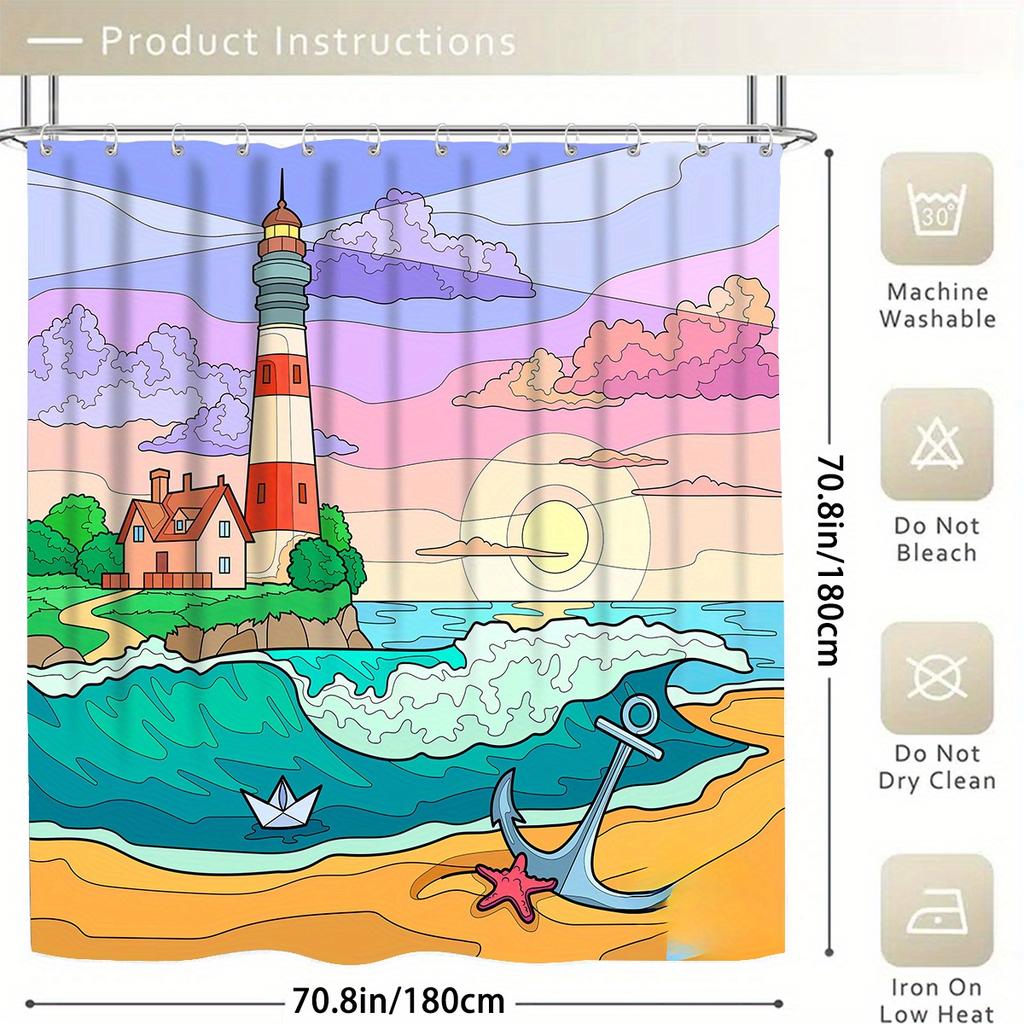 Coastal Lighthouse Bathroom Set With Shower Curtain And Rugs - Machine Washable, Includes 12 Hooks, Toilet Seat Cover, And Bath