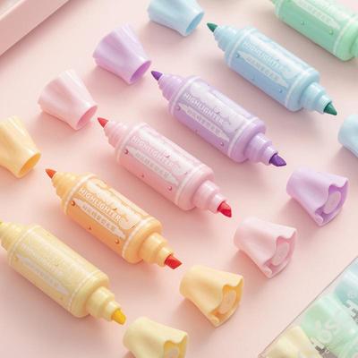 6 Stück Mini-Textmarker in Bonbonform, Farbe, doppelseitig, kräftig, fein, fluoreszierend, zum Zeichnen