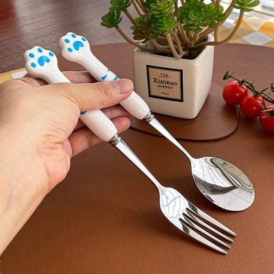 Conjunto de Colher e Garfo de Aço Inoxidável Cabo Longo Desenho Animado Fofo Louça Criativa para Casa Colher de Comer para Estudantes Crianças