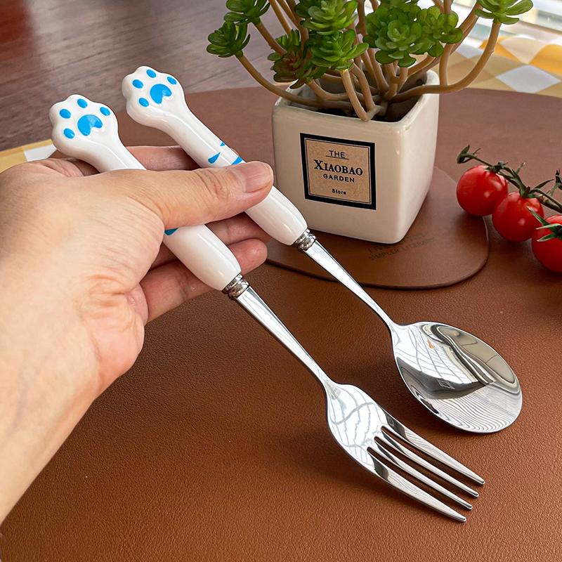 Stainless Steel Spoon and Fork Set Long Handle Cartoon Cute Tableware Home Creative Student Children's Eating Spoon