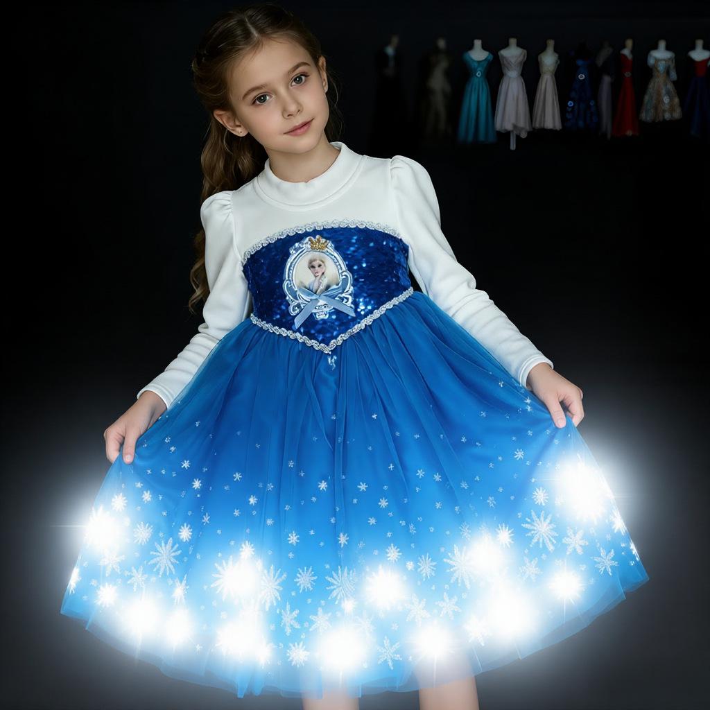 Glitzerndes leuchtendes Elsa Prinzessinnenkleid für Mädchen - Beflockter Herbst-/Winter-Halloween-Stil