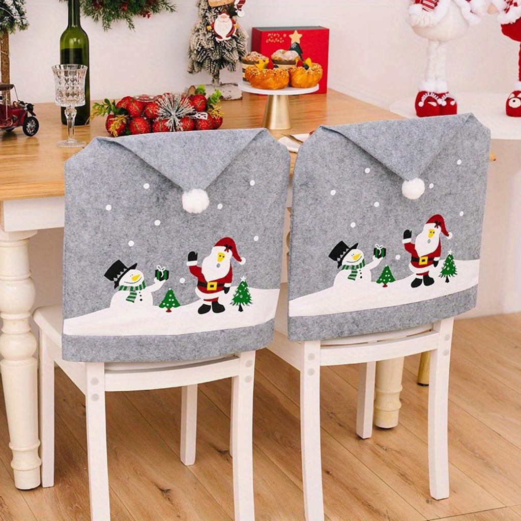 Christmas Gray Printed Chair Covers With Santa And Snowman Designs, Non-Woven Fabric Chair Slipcovers With Adorable Pom-Pom For Holiday Home Decor