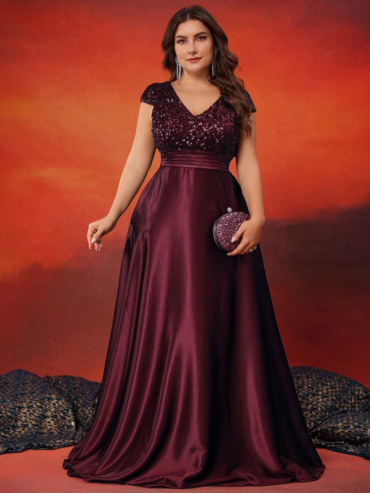 Elegant V-Neck Sequin Evening Gown - Satin A-Line Long Dress for Women