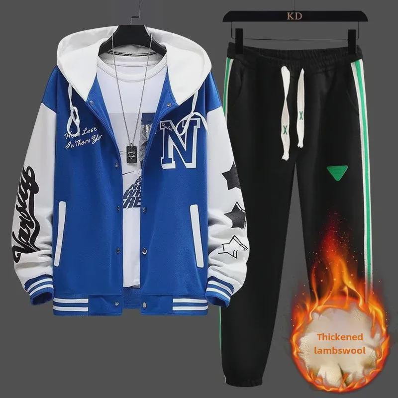 

Men s Thick Zipper Top Two-Piece Plush Sweatshirt and Jacket Winter Coat Set 3XL