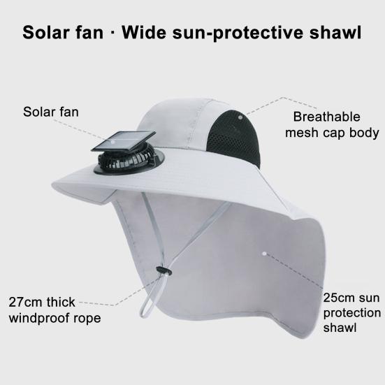 Solar Fan Hat Wide-Brimmed Shawl Fishing Hat with Dual-Power Fan Design Solar USB Charging UV-Protection Outdoor Hat