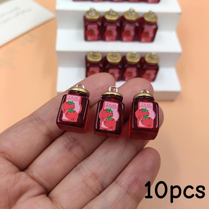 

10 Cute Beverage Strawberry Jam Pendants | Resin Bottle Floating Pendant, Flat Bottom, Used for Earring and Jewelry Making Acces