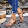 Women's Casual T-Strap Sandals with Embroidered Upper Adjustable Hook and Loop Closure Low Block Heel Comfortable Footbed