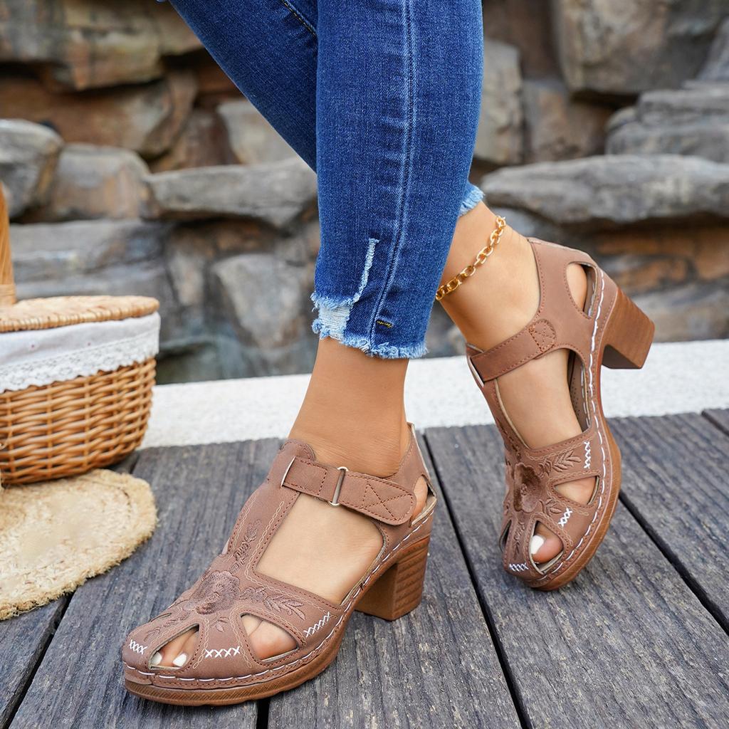 Women's Casual T-Strap Sandals with Embroidered Upper Adjustable Hook and Loop Closure Low Block Heel Comfortable Footbed