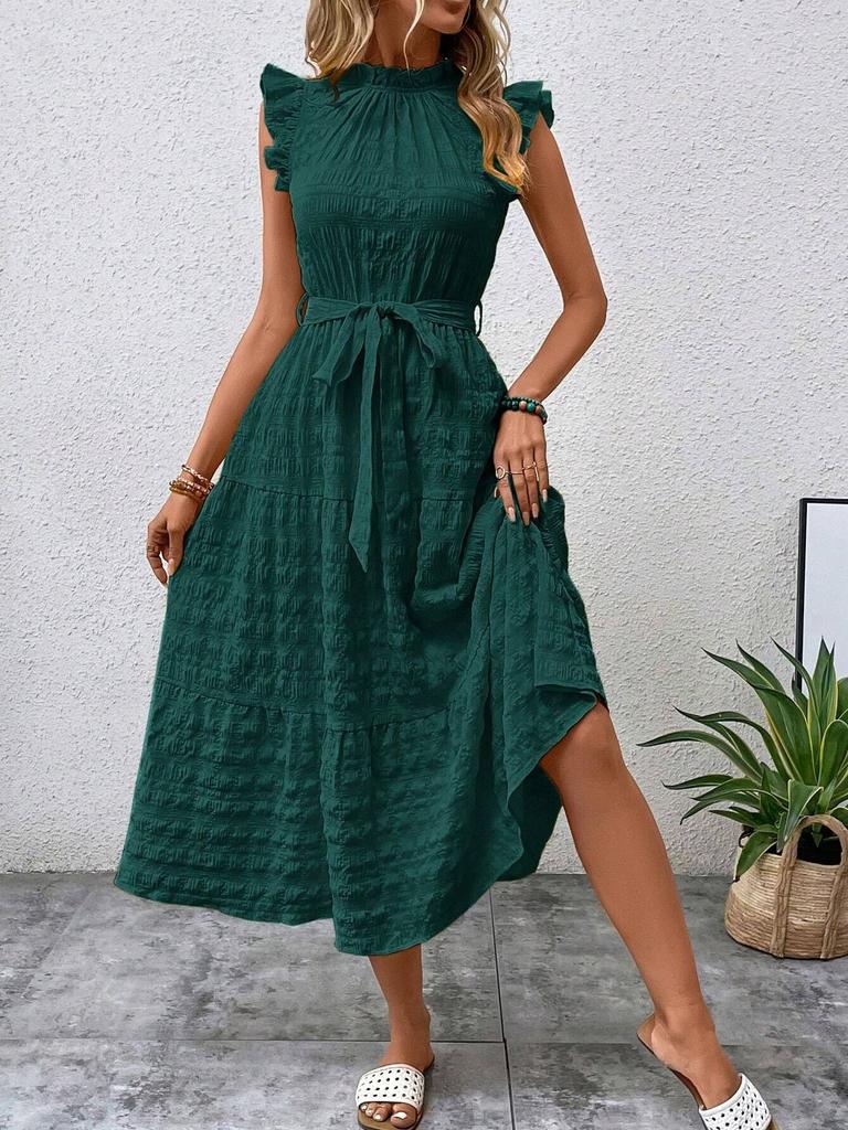 Women Solid Color Tie Waist Midi Dress Casual Square Neck Ruffle Sleeve Summer Dress