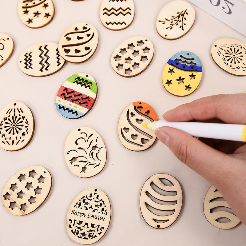 25/50 Stück Ostereier Holz DIY Bastel Aufhänge-Ornamente Ausgehöhlte Holzspäne Frohe Ostern Party Dekorationen Für Zuhause Kinder Geschenk