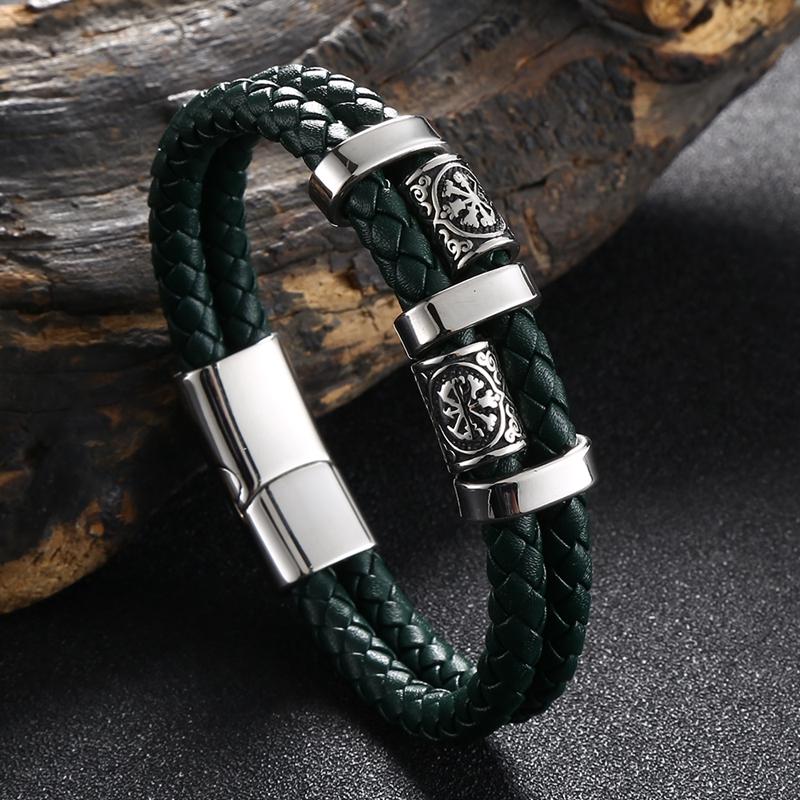 

Новый браслет из нержавеющей стали и кожи, двухслойный плетеный кожаный мужской браслет серии Nordic Viking Inner Perimeter205mm
