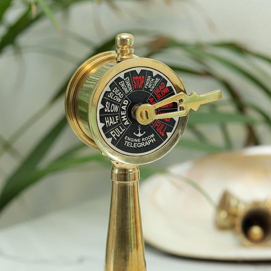 Miniature Brass Engine Room Telegraph Nautical Maritime Décor, Ship Throttle Replica with Wooden Base,  Boat Gift
