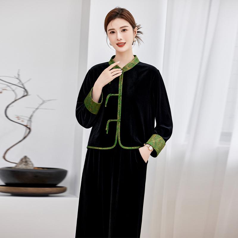 

Autumn Retro Gold Velvet Wide-Leg Pants & Top Set - Women s New Chinese Style Fashion. 4XL (140-155 lbs) зелений/чорний