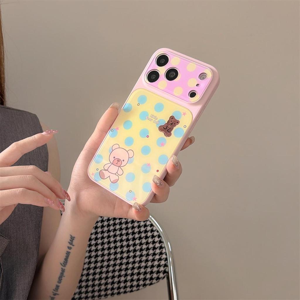 Polka Dot Bear iPhone 15/16/17 Pro Max Anti-Fall Case with Cartoon Design