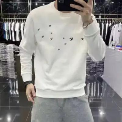 Biała Bluza Męska Personalizowana Nadruk Jesień Zima Aksamitna Okrągły Dekolt Casualowa Z Długim Rękawem Pulower Top