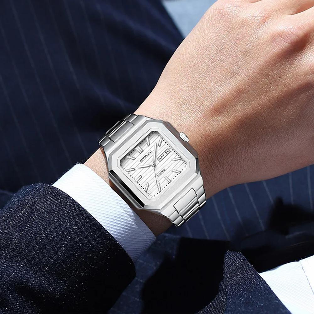 Luxury Men's Quartz Watch Square Case Day Date Display Stainless Steel Wristwatch