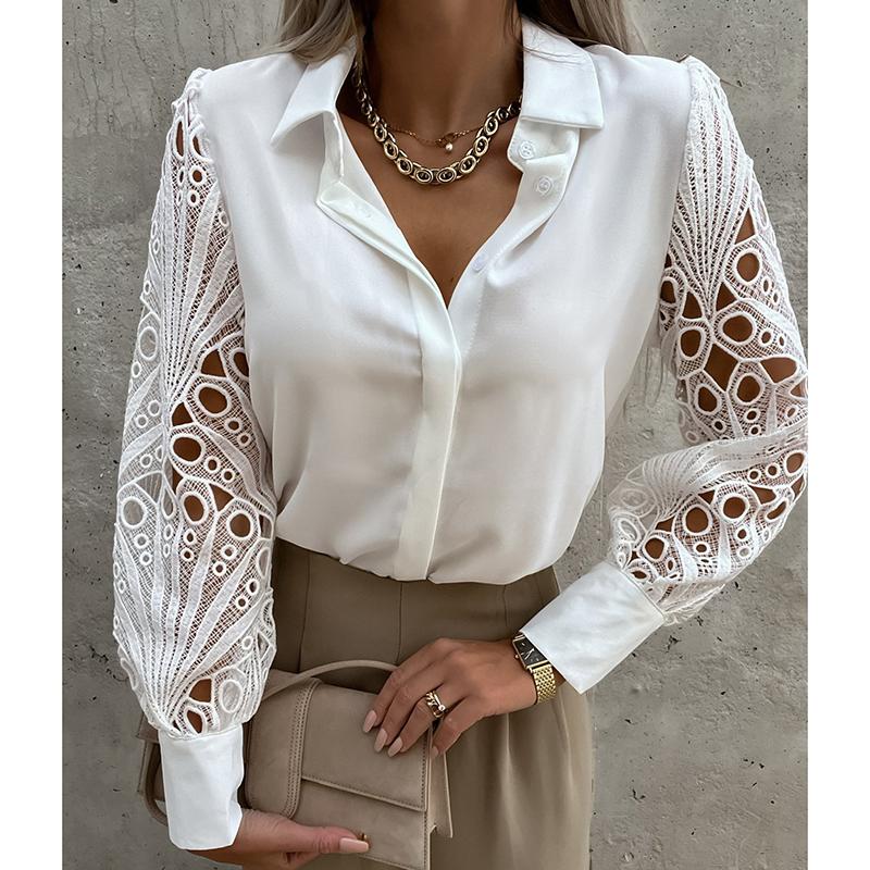 

Черно-белая кружевная ажурная женская блузка, весенние винтажные рубашки на пуговицах, офисные женские сетчатые топы с длинными рукавами XXL белый
