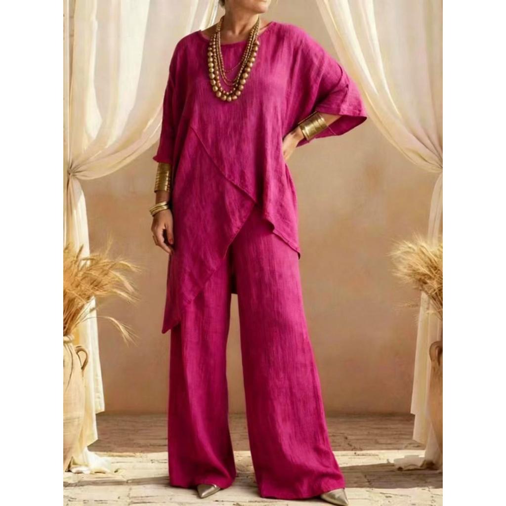 Women's Round Neck Irregular Hem 3/4 Sleeve Linen Look Top and Wide Leg Pants 2 Piece Casual Outfit