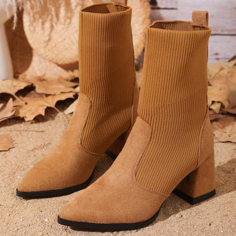 Women High-heeled Boots Temperament Pointed Leather Boots Fashion High Heels Ankle Boot Slim Fit Elastic Socks Boots Botas Mujer