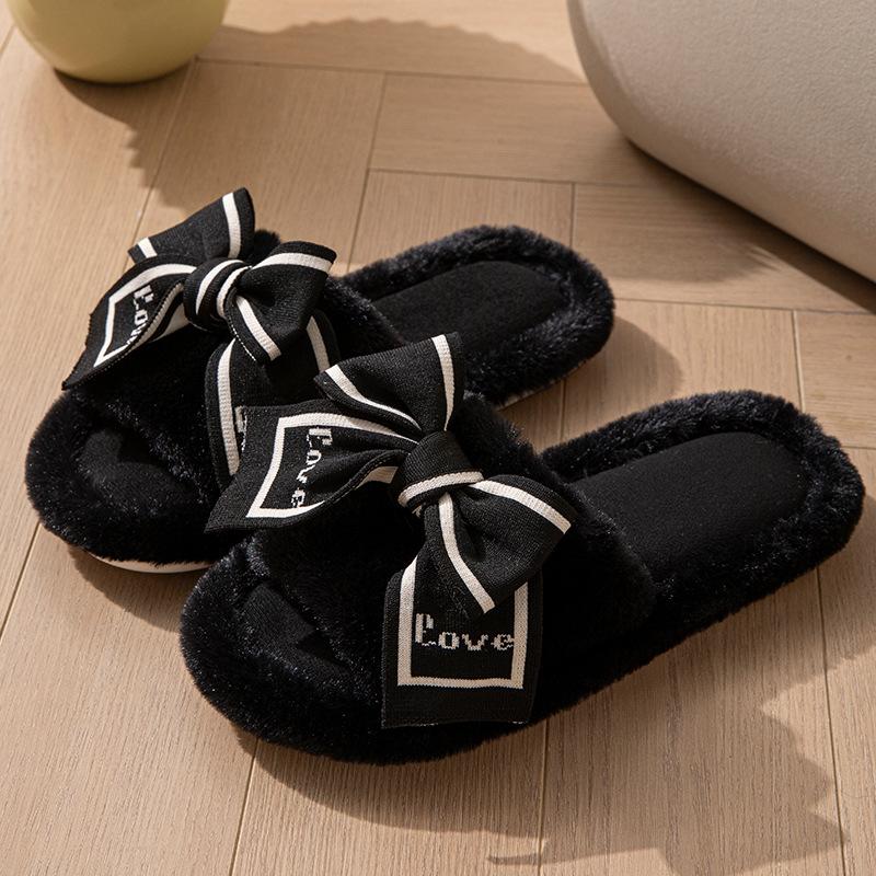 Open-toe Plush Slippers, LOVE Bow Women's Home Slippers, Wooden Floor Cotton Slippers, Plush Slippers