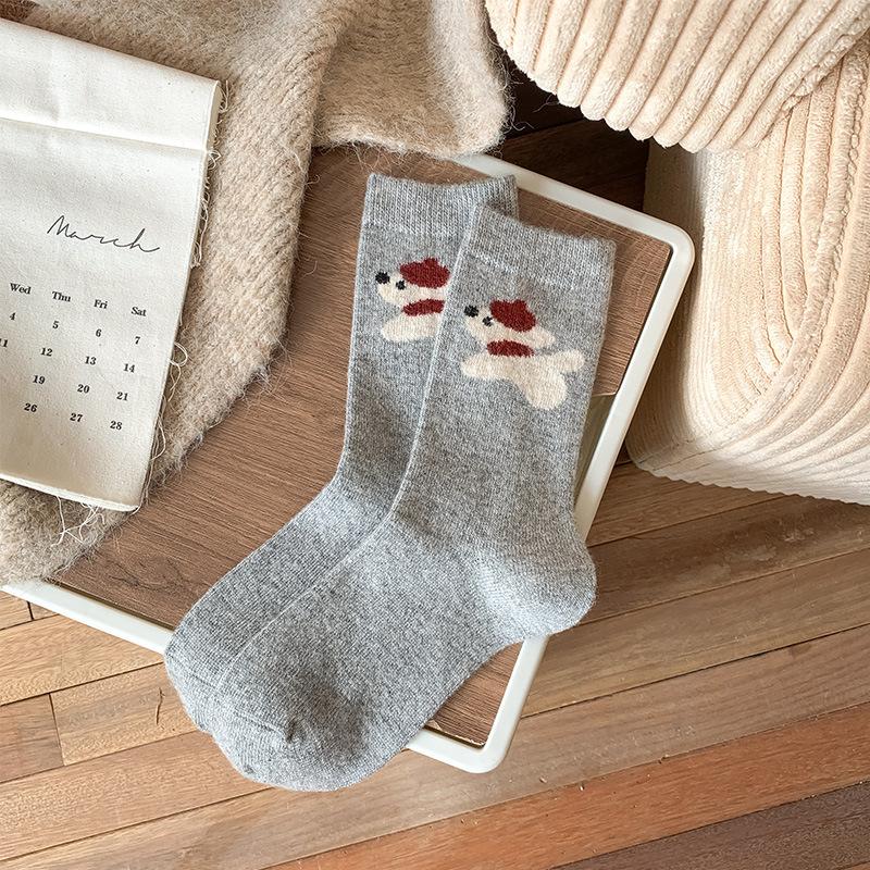 Verdickte Warme Wollsocken für Damen Cartoon Niedlich Schal Welpe Mittellange Socken Vielseitige Stapelsocken Weich Wachsig