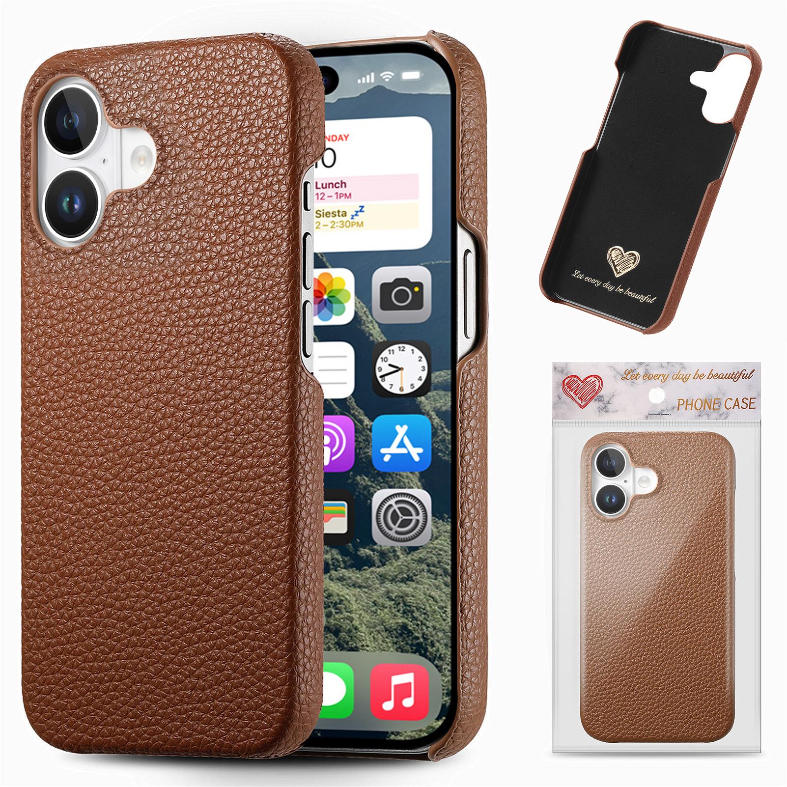 

Y1 For iPhone 16 Plus Case Shockproof Litchi Texture Leather+PC Phone Cover Brown