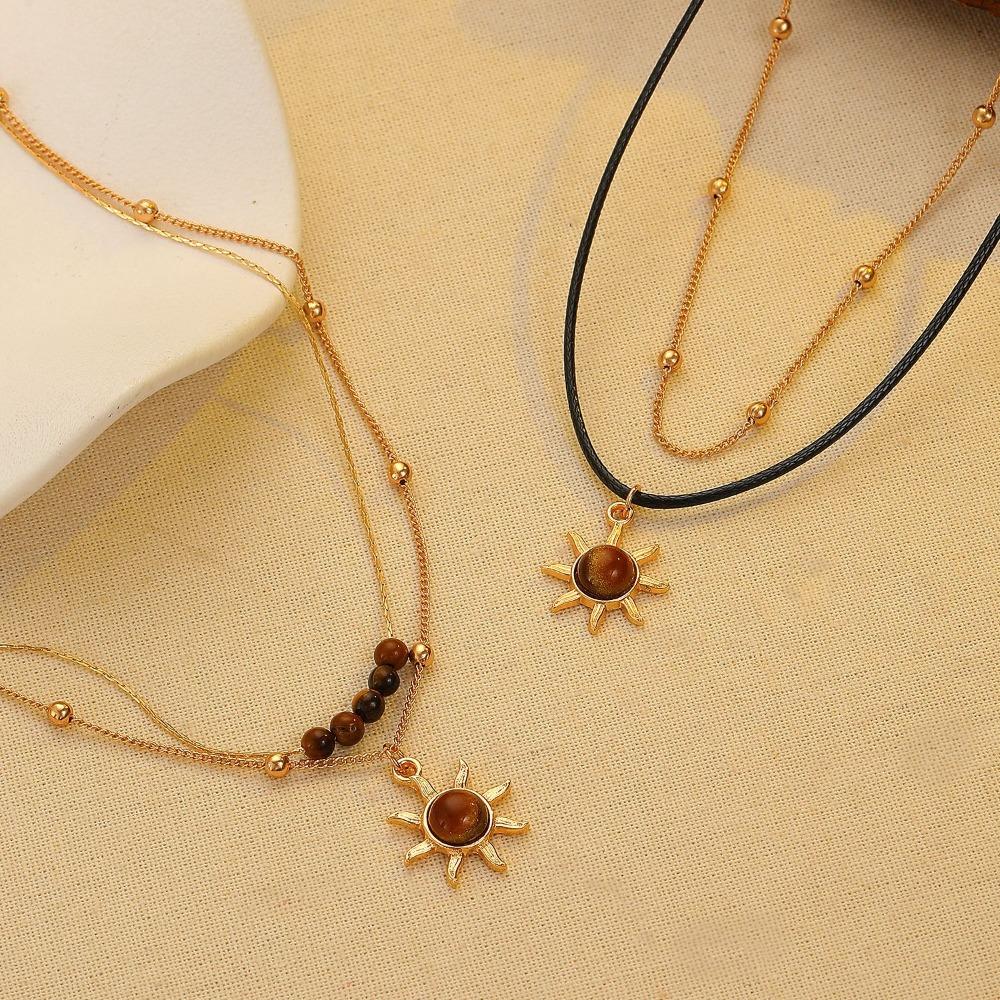 2pcs Set Retro Temperament Tiger's Eye Stone Gold Color Sun Flower Pendant Double Layer Necklace for Women Trendy Jewelry Sets