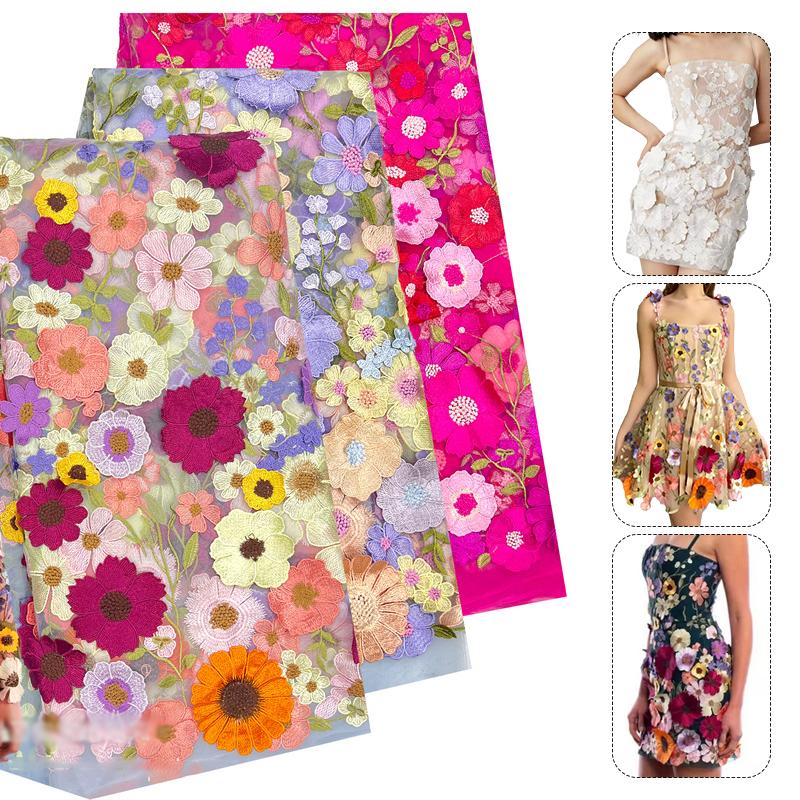 Material Tulle Colorat cu Flori 3D Brodate Material DIY Rochie de Mireasă Pânză Textilă Plasă Aplică Flori de Lux Cusut Dantelă Materiale la Metru