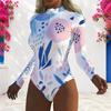 Women Plus Size High Neck Long Sleeve Front Zip Printed One Piece Swimsuit