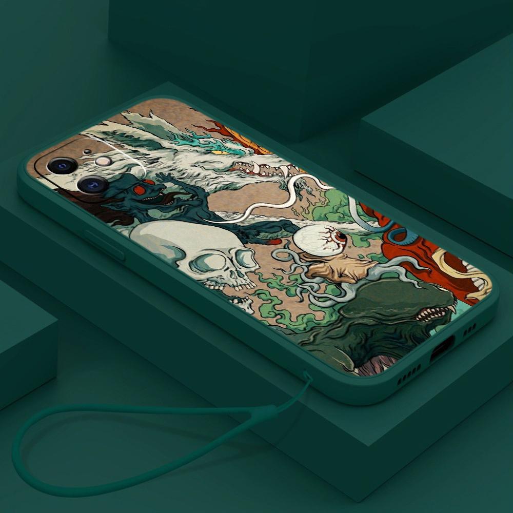 Samsung Galaxy A14 A24 A23 A13 A53 A54 A34 S23 FE for iPhone 11 12 13 14 15 Pro Max Soft Straight Edge Telefonveske Med snordeksel A33 Dragon design