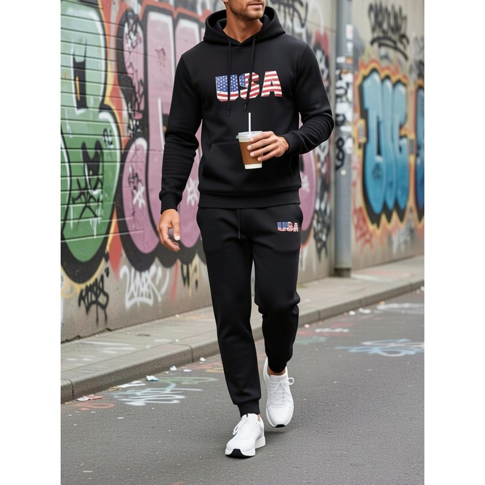 Autumn and Winter Men's Sports and Leisure Hooded Sweatshirt and Sweatpants Set 2 Pieces with Fashionable National Flag Print