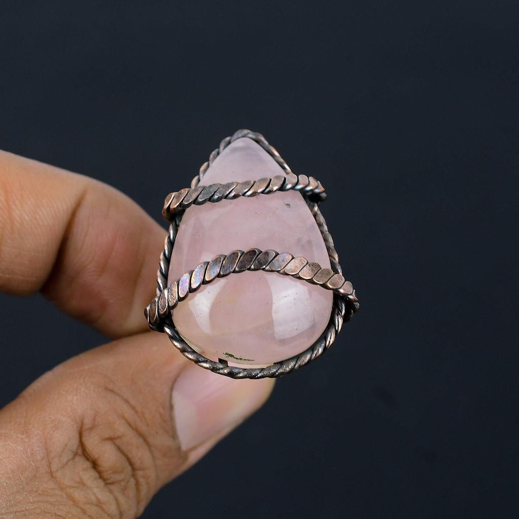 Rosenquarz-Edelstein, Kupferdraht umwickelt, handgefertigter Schmuckring für Hochzeitsgeschenk, alle Größen