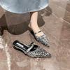 Fashion Sequins Black Slides with Heel Shoes Pointed Toe Women's Mules Slippers and Ladies Sandals Unique Korea Style Easy Wears Shoe 39