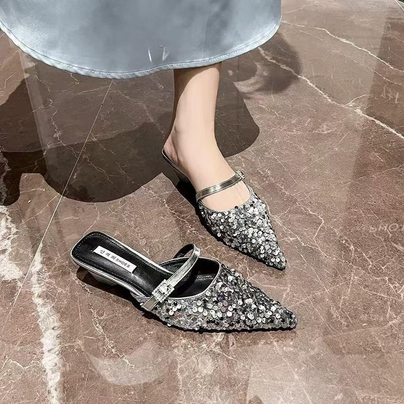 Fashion Sequins Black Slides with Heel Shoes Pointed Toe Women's Mules Slippers and Ladies Sandals Unique Korea Style Easy Wears Shoe 39