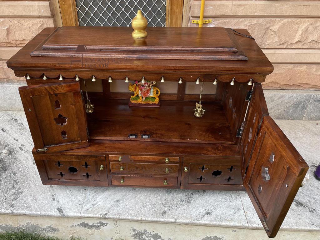 Wood Wall Mandir Temple | Home Decor Religion Temple Idol-Wood Mandir with Bells and Storage  Traditional Home Temple Design for Prayer