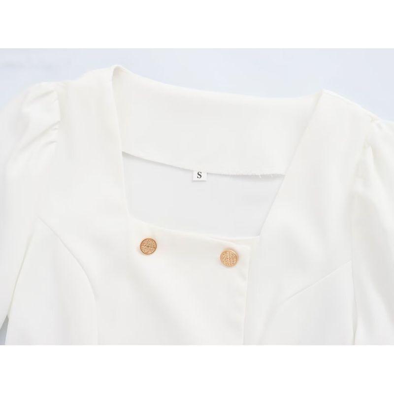 Kaslead New Arrival Women's Fashion Style Minimalist Retro Square Collar Double Breasted Lantern Sleeve Ladies Tops