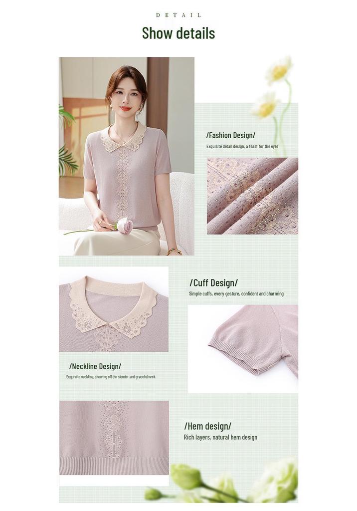 Mom's Ice Silk Knit Cardigan and Lapel T-shirt for Summer — Short Sleeve for Middle-Aged and Elderly Women