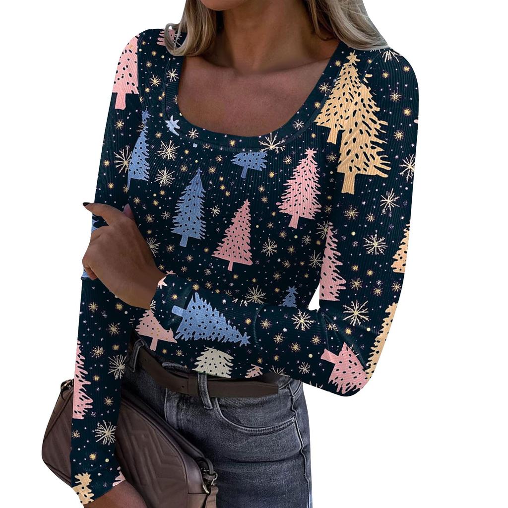 Women's Fashion Slim Bottom T-Shirt Christmas Printed U Neck Pullover Long Sleeve Top