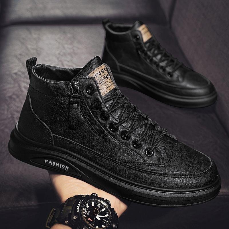 Spring Men's Shoes New Breathable Non-slip High-top Chef Shoes Men's Trend Versatile Black Leather Shoes Casual Shoes Board Shoes