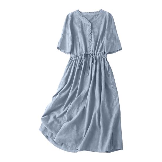 Women Cotton Linen Dress Short Sleeve V Neck Buttons Tie Waist Midi Dress Summer Casual Boho A-Line Flowy Dress