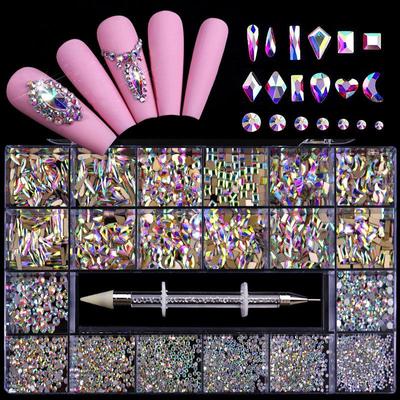 2800 Stück luxuriöse glänzende Diamant-Nagelkunst-Strasssteine, Kristall-Dekorationsset, AB-Glas, 1 Stück Pick-Up-Pen in einer Gitterbox mit 21 Formen