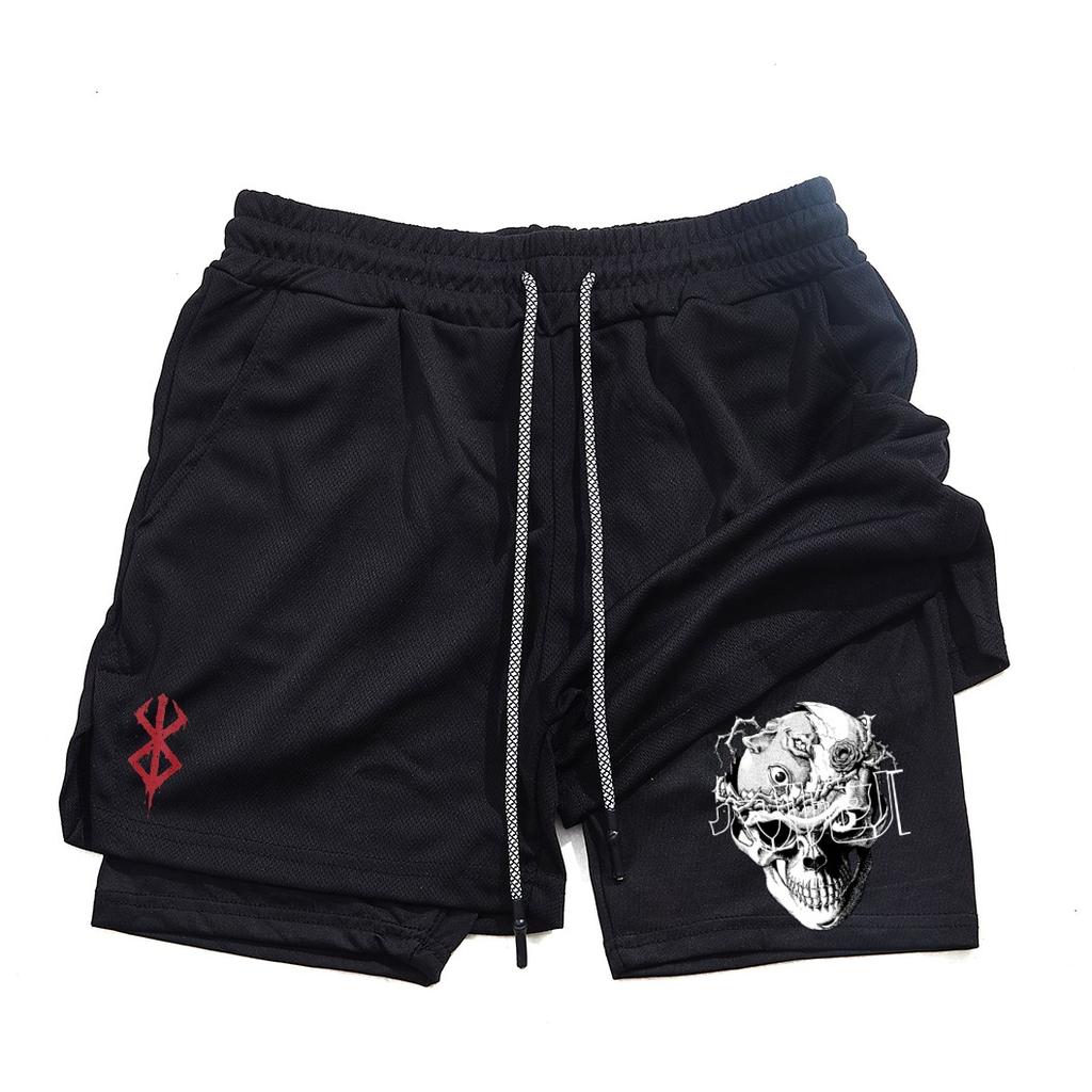 Pantalones cortos de gimnasio para hombre, ropa deportiva 2 en 1 de Anime para correr, trotar, entrenamiento, Yoga, baloncesto