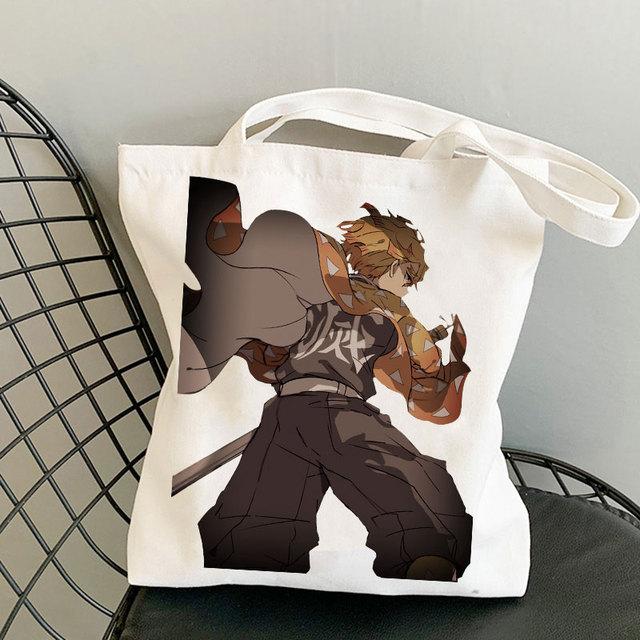 Japanischer Anime Dämon Slayer Bedruckte Stoffhandtasche Tote Travel Eco Shopping Frau Shopper Klappstrand Schulter Canva Designer