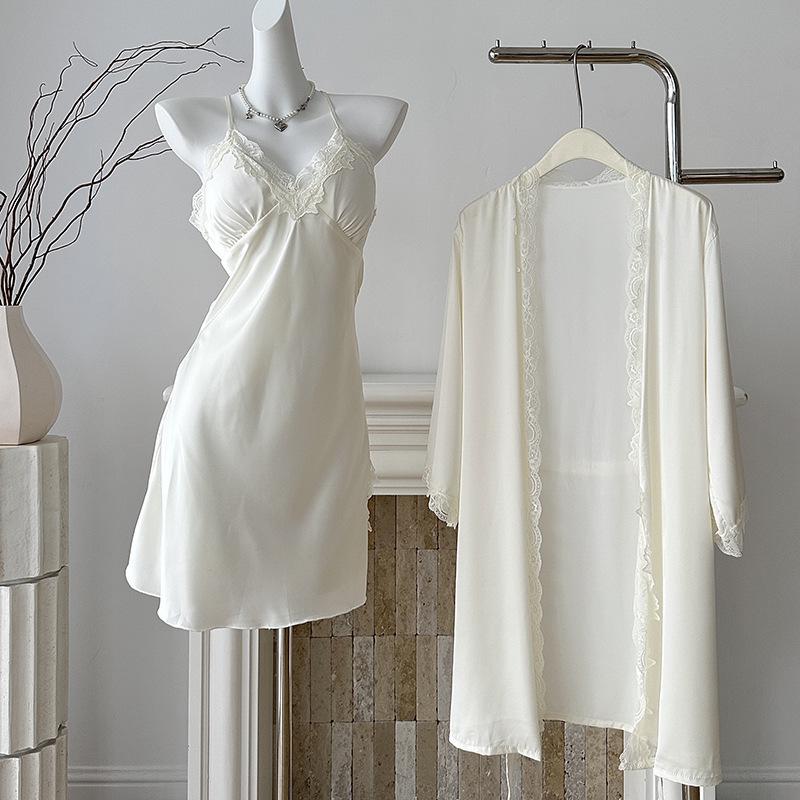 Women's Summer Ice Silk V-Neck Camisole Nightgown Set – Sexy, Solid Color, Slit Design, Two-Piece Luxury Homewear