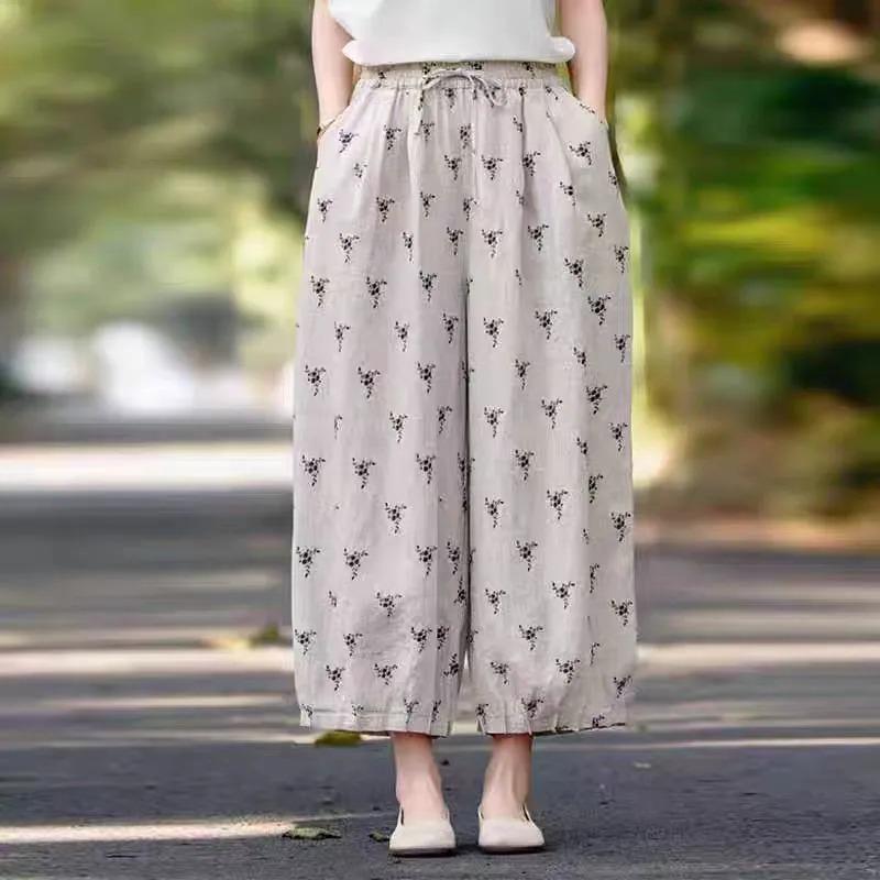 Womens Casual Polka Dot Wide Leg Drawstring Pants M бежевый
