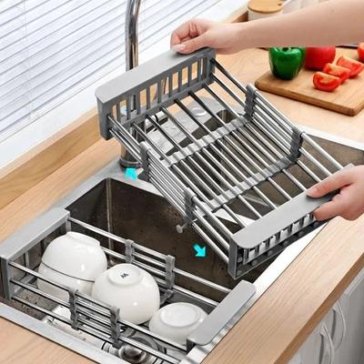 Stainless Steel Drainage Rack Retractable Kitchen Storage Rack Sink Fruit and Vegetable Basket  Household Dishwashing Rack