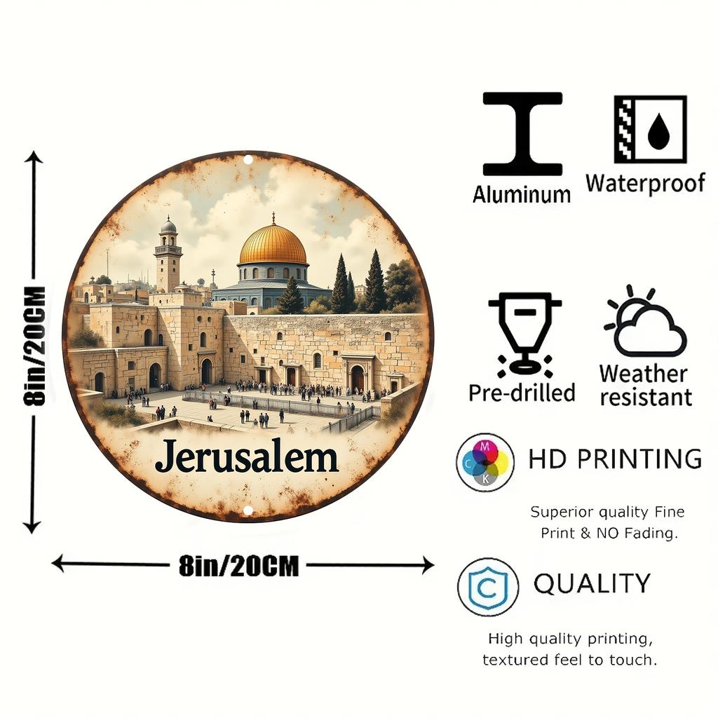 Vintage Jerusalem Felsendom Westmauer Runde Metallblechschild Heiliges Land Reise Thema Wanddekor für Zuhause Arbeitszimmer Rel